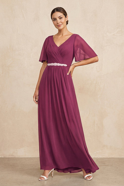 Mulberry Purple Ruched A-Line Chiffon V-Neck Mother of the Bride Dress with Sleeves | KISSBRIDAL