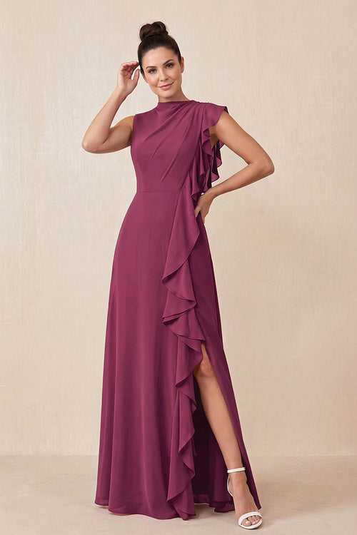 Mulberry Purple Ruffled A-Line Chiffon Mother of the Bride Dress | KISSBRIDAL