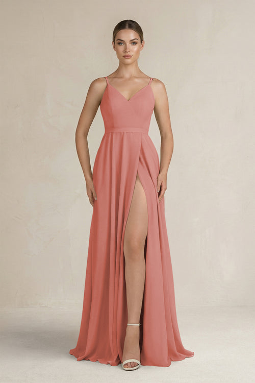 Mulberry Ruched A-Line Chiffon Bridesmaid Dress with Slit | KISSBRIDAL