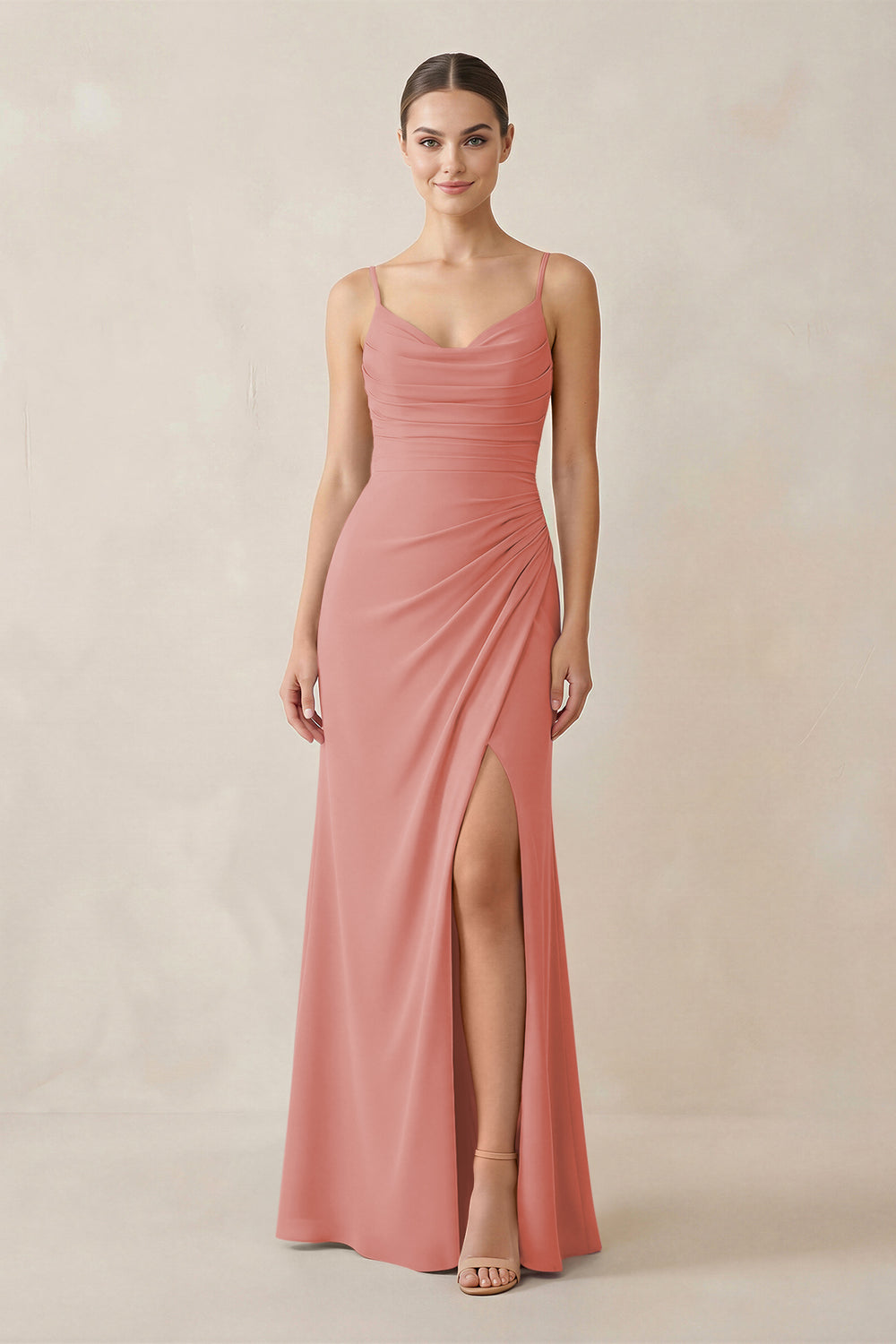 Ruched Sheath Spaghetti Strap Chiffon Bridesmaid Dress in Mulberry