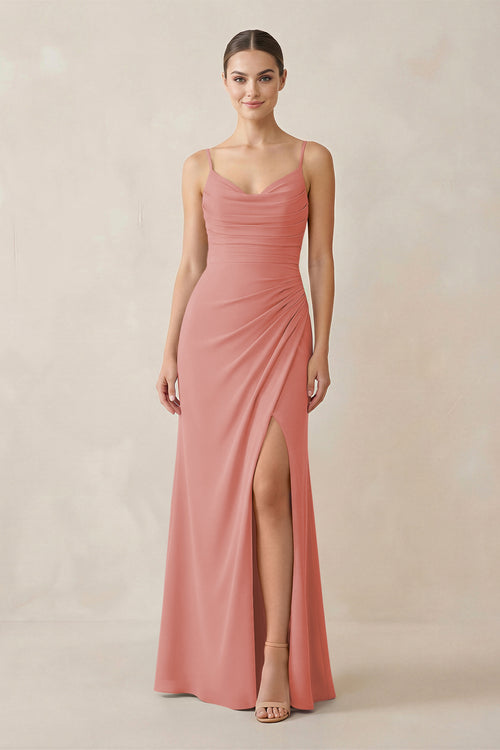 Mulberry Ruched Sheath Spaghetti Strap Chiffon Bridesmaid Dress | KISSBRIDAL