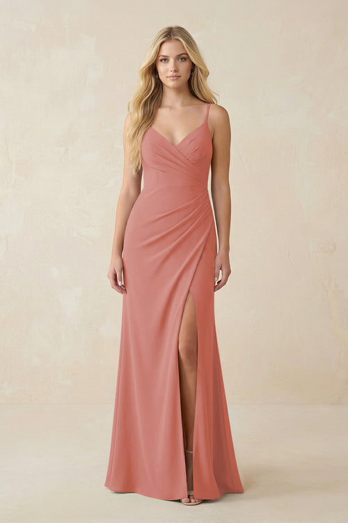 Mulberry Ruched Sheath Spaghetti Strap Chiffon Bridesmaid Dress | KISSBRIDAL