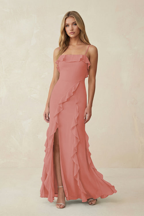 Mulberry Ruffled Cami Strap Chiffon Sheath Bridesmaid Dress | KISSBRIDAL