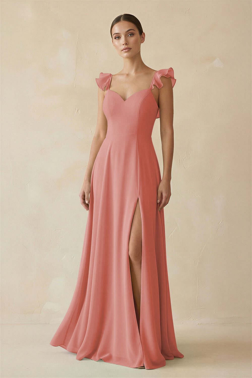 Ruffled Chiffon A-Line Long Bridesmaid Dress in Mulberry