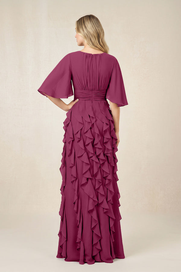 Mulberry Ruffled Chiffon Half Sleeves A-Line Mother of the Bride Dress (2) | KISSBRIDAL