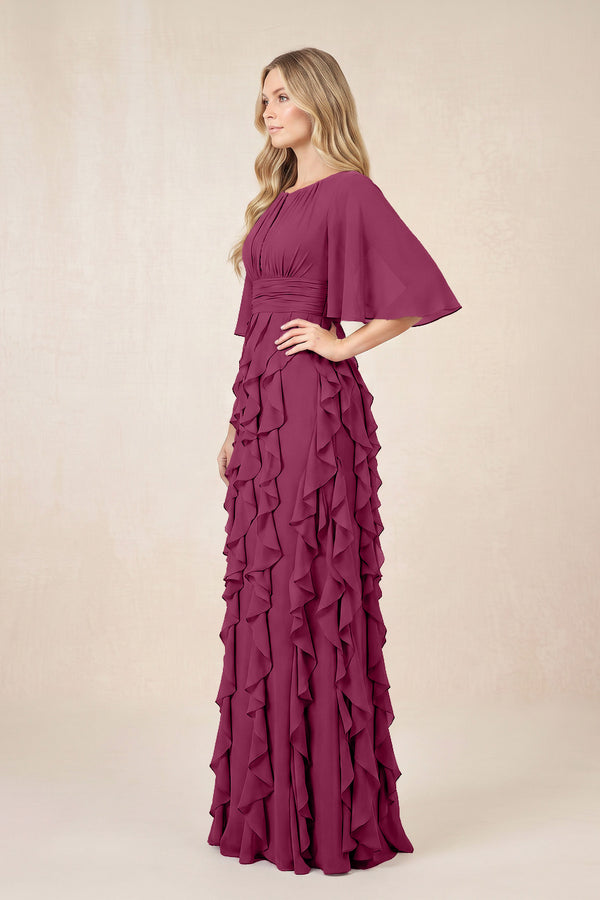 Mulberry Ruffled Chiffon Half Sleeves A-Line Mother of the Bride Dress (3) | KISSBRIDAL