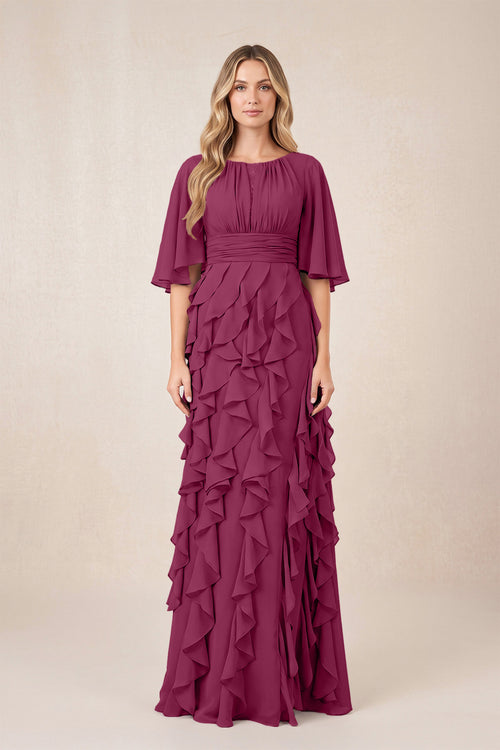 Mulberry Ruffled Chiffon Half Sleeves A-Line Mother of the Bride Dress | KISSBRIDAL