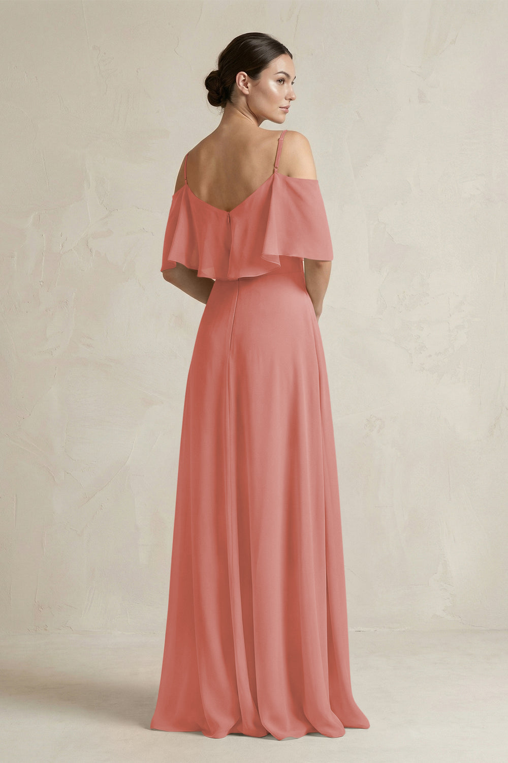 Ruffled Off-the-Shoulder A-Line Chiffon Bridesmaid Gown in Mulberry