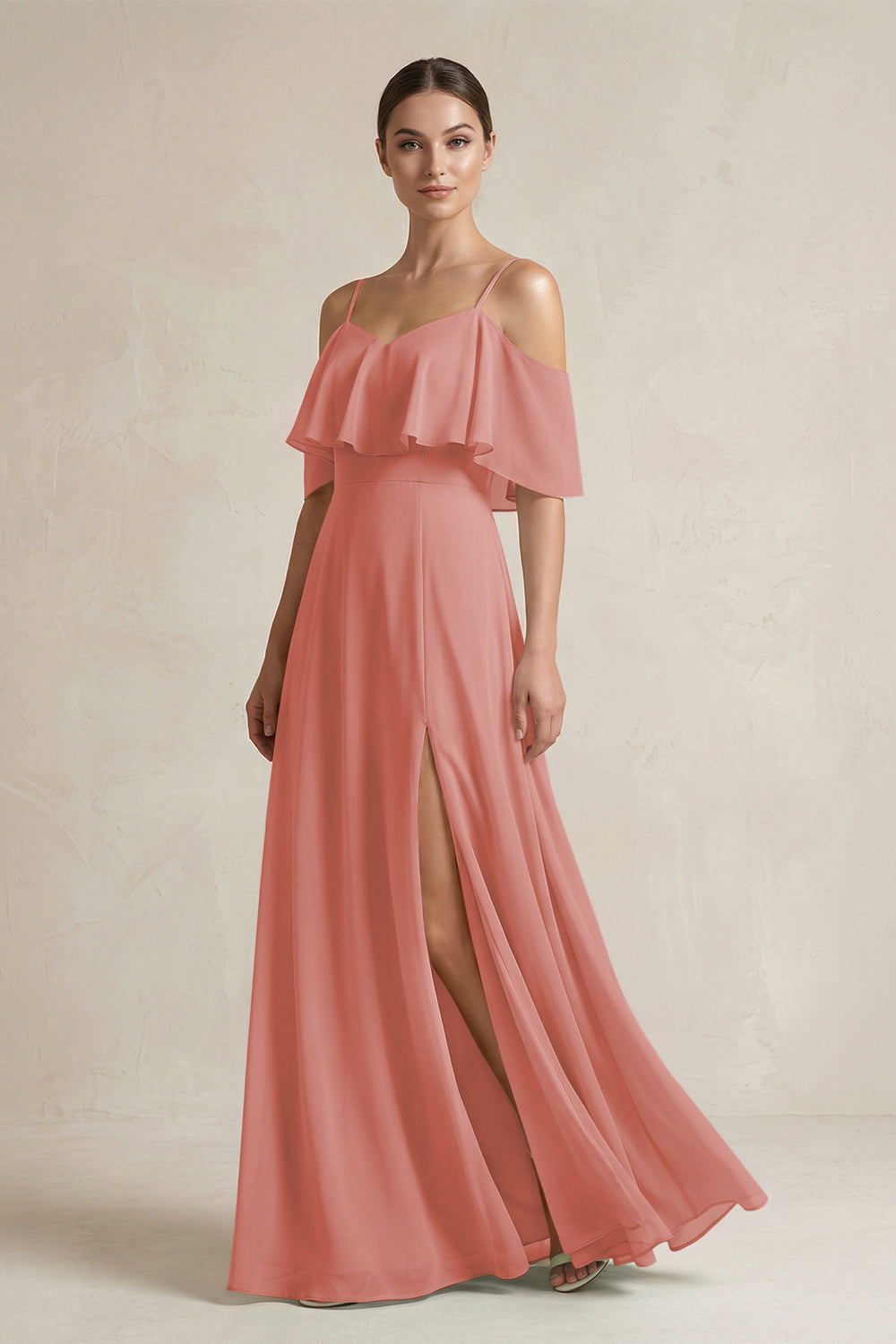 Ruffled Off-the-Shoulder A-Line Chiffon Bridesmaid Gown in Mulberry