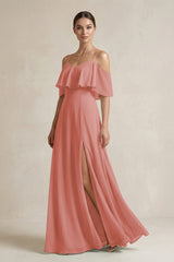 Mulberry Ruffled Off-the-Shoulder A-Line Chiffon Bridesmaid Gown | KISSBRIDAL