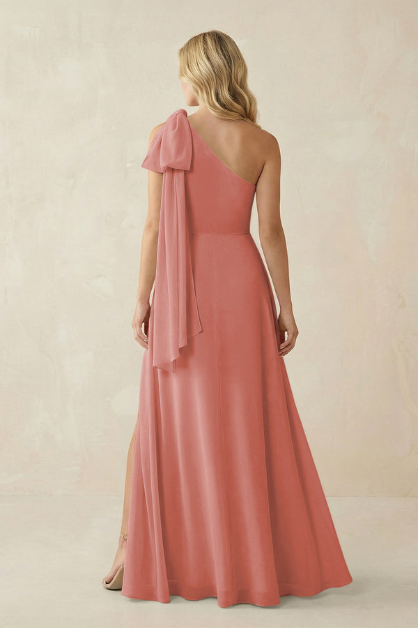 Mulberry Ruffled One Shoulder Chiffon Bridesmaid Dress With Slit in Mulberry (2) | KISSBRIDAL
