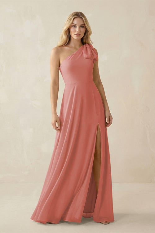 Mulberry Ruffled One Shoulder Chiffon Bridesmaid Dress With Slit in Mulberry | KISSBRIDAL