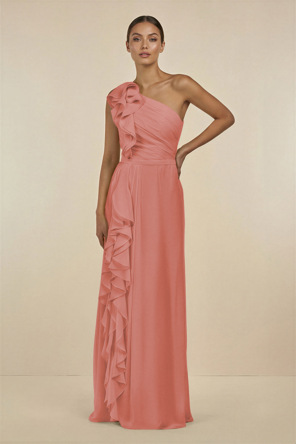 Ruffled One-Shoulder Pleated Sheath Bridesmaid Dress in Mulberry