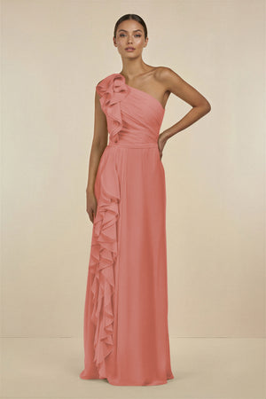 Mulberry Ruffled One-Shoulder Pleated Sheath Bridesmaid Dress | KISSBRIDAL