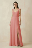 Mulberry Ruffled Sleeve A-Line Chiffon Bridesmaid Dress | KISSBRIDAL