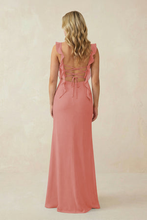 Mulberry Ruffled Sleeve Ruched Sheath Chiffon Bridesmaid Dress (2) | KISSBRIDAL