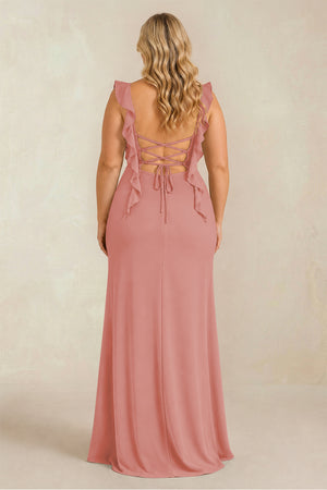 Mulberry Ruffled Sleeve Ruched Sheath Chiffon Bridesmaid Dress (2) [sizeplus] | KISSBRIDAL