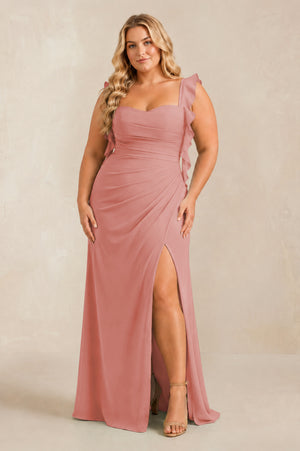Mulberry Ruffled Sleeve Ruched Sheath Chiffon Bridesmaid Dress [sizeplus] | KISSBRIDAL
