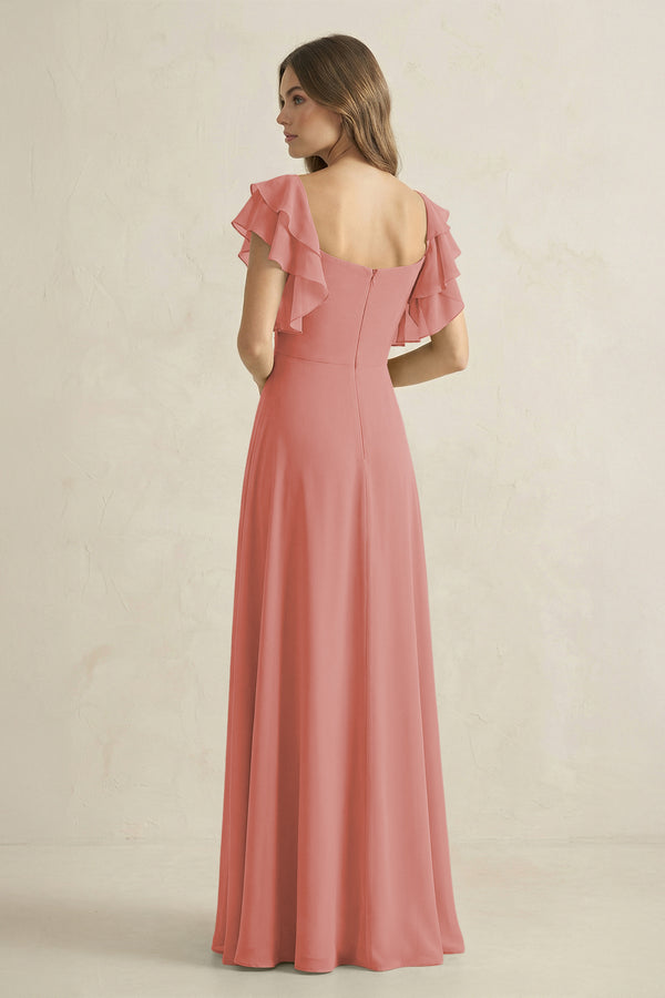 Mulberry Ruffled Sleeves A-Line Chiffon Bridesmaid Dress (2) | KISSBRIDAL