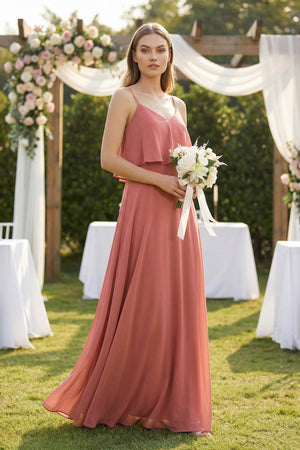 Mulberry Ruffled Spaghetti Strap A-Line Chiffon Bridesmaid Dress in Mulberry (4) | KISSBRIDAL