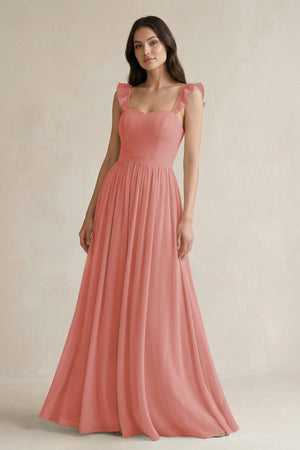 Mulberry Ruffled Spaghetti Strap Chiffon A-Line Bridesmaid Dress | KISSBRIDAL