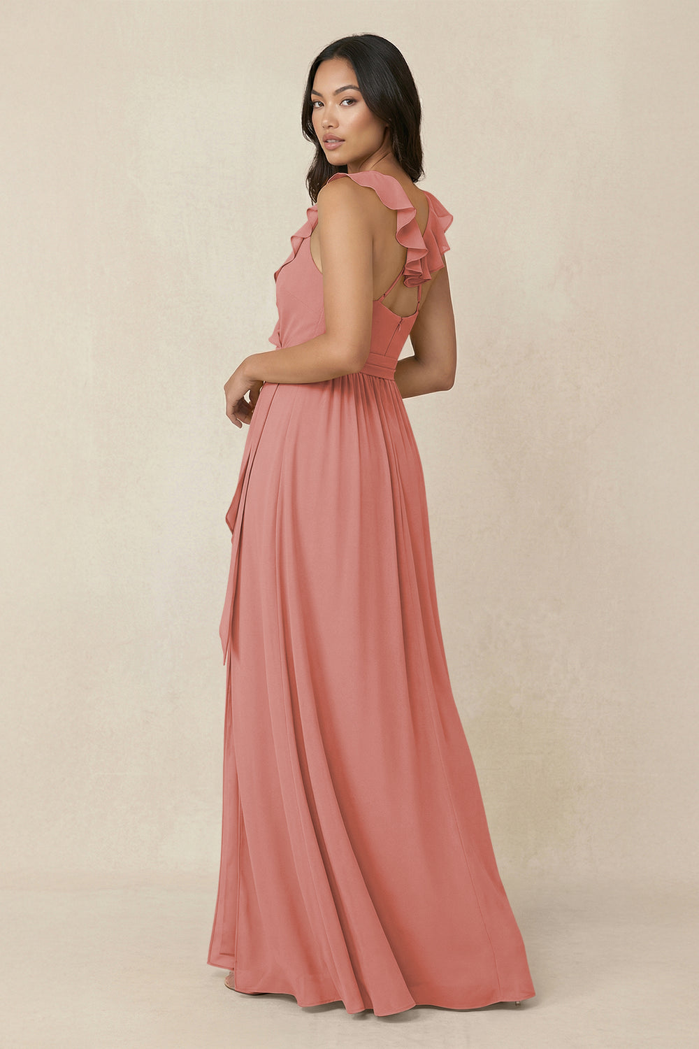 Ruffled V-Neck A-Line Chiffon Bridesmaid Dress in Mulberry