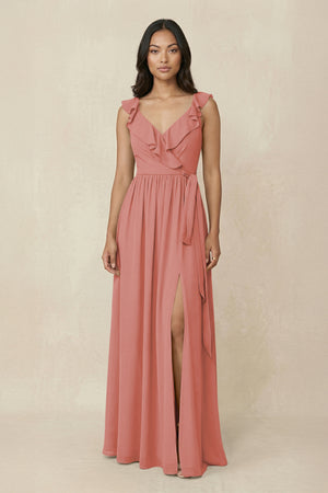 Mulberry Ruffled V-Neck A-Line Chiffon Bridesmaid Dress | KISSBRIDAL