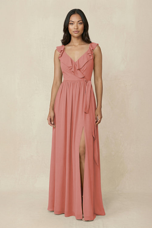 Mulberry Ruffled V-Neck A-Line Chiffon Bridesmaid Dress | KISSBRIDAL