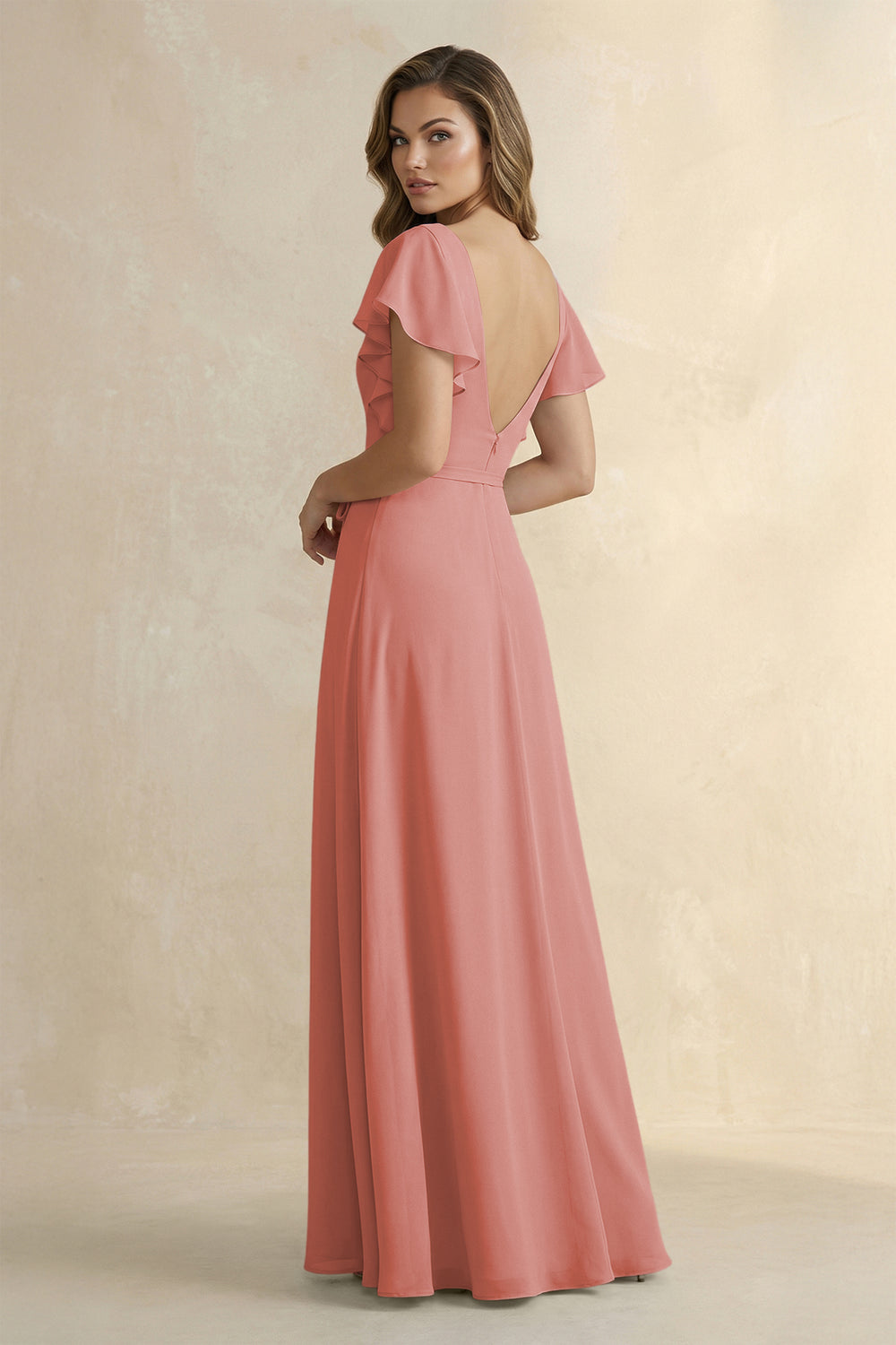 Ruffled V-Neck Chiffon A-Line Bridesmaid Dress in Mulberry