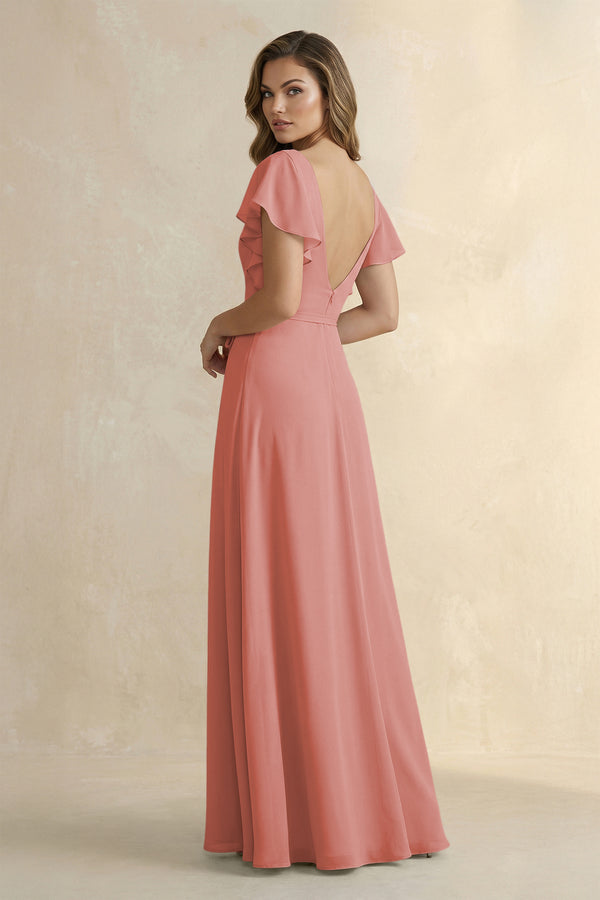 Mulberry Ruffled V-Neck Chiffon A-Line Bridesmaid Dress (2) | KISSBRIDAL