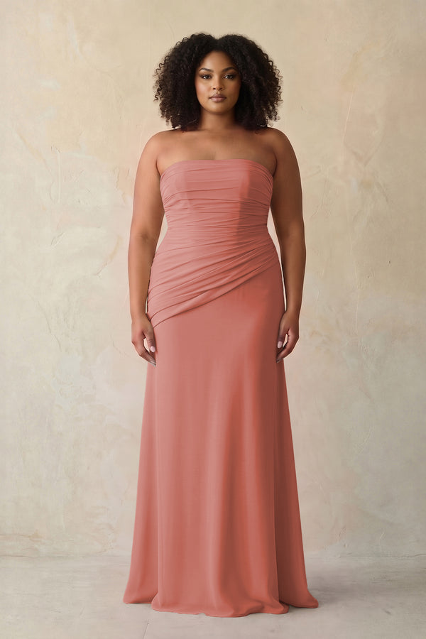 Mulberry Sheath Chiffon Strapless Pleated Bridesmaid Dress (3) [sizeplus] | KISSBRIDAL