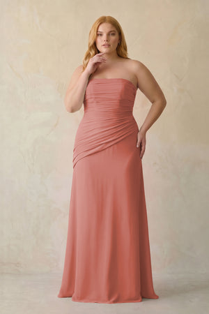 Mulberry Sheath Chiffon Strapless Pleated Bridesmaid Dress [sizeplus] | KISSBRIDAL