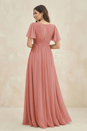 Mulberry Short Sleeve Chiffon V-Neck A-Line Bridesmaid Dress (2) | KISSBRIDAL