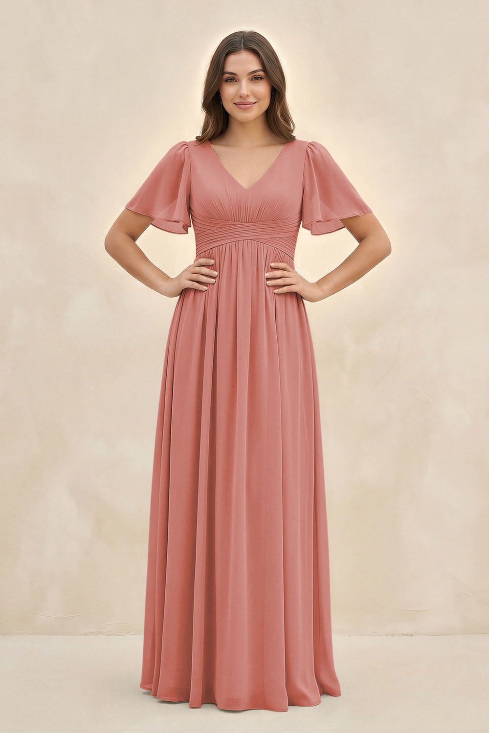 Short Sleeve Chiffon V-Neck A-Line Bridesmaid Dress in Mulberry
