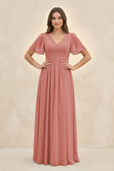 Mulberry Short Sleeve Chiffon V-Neck A-Line Bridesmaid Dress | KISSBRIDAL