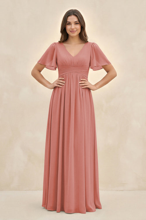 Mulberry Short Sleeve Chiffon V-Neck A-Line Bridesmaid Dress | KISSBRIDAL