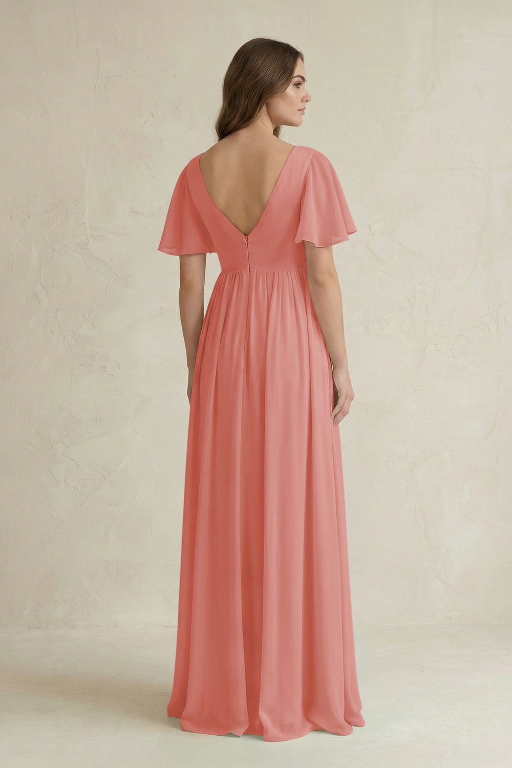 Short Sleeve V-Neck A-Line Chiffon Bridesmaid Dress in Mulberry