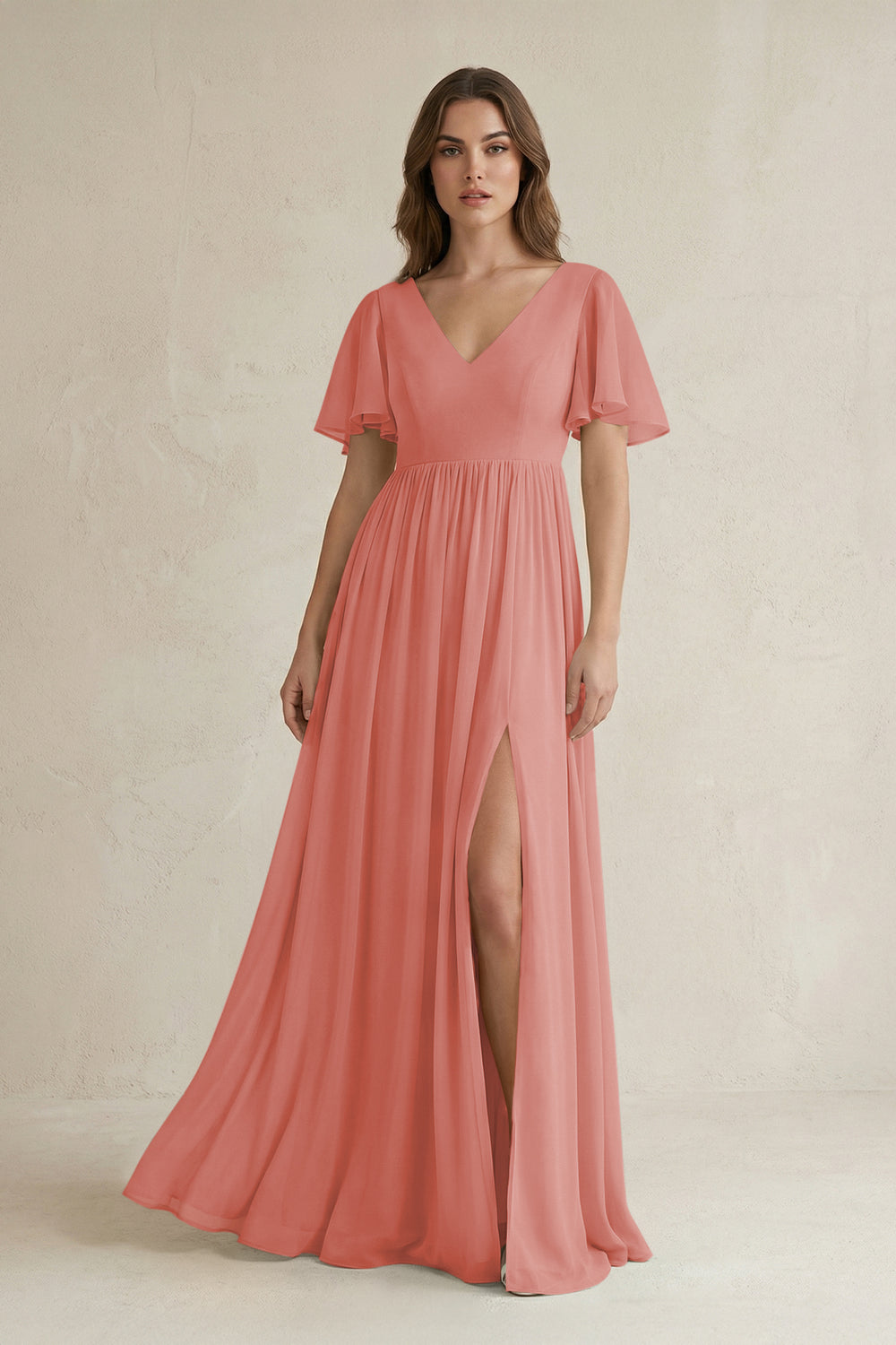Short Sleeve V-Neck A-Line Chiffon Bridesmaid Dress in Mulberry