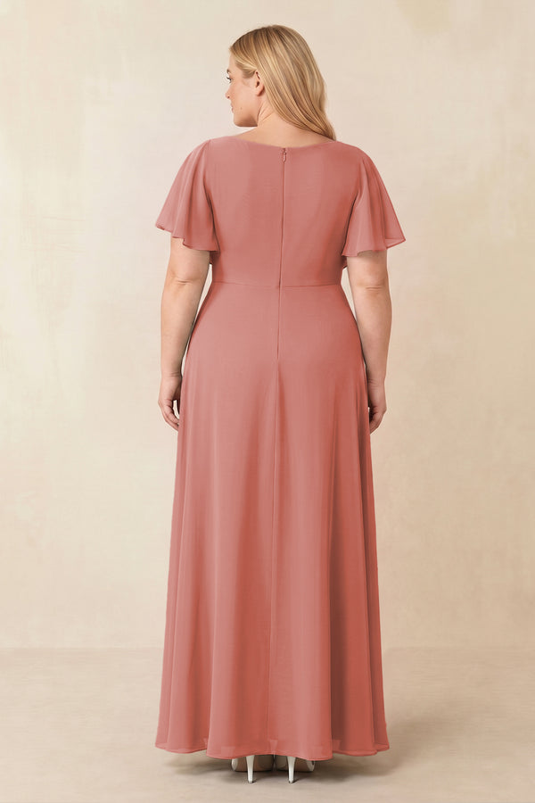 Mulberry Short Sleeves Bateau A-Line Chiffon Bridesmaid Dress (2) [sizeplus] | KISSBRIDAL