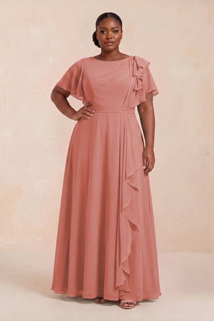 Mulberry Short Sleeves Bateau A-Line Chiffon Bridesmaid Dress (3) [sizeplus] | KISSBRIDAL