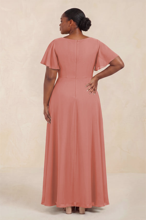 Mulberry Short Sleeves Bateau A-Line Chiffon Bridesmaid Dress (4) [sizeplus] | KISSBRIDAL
