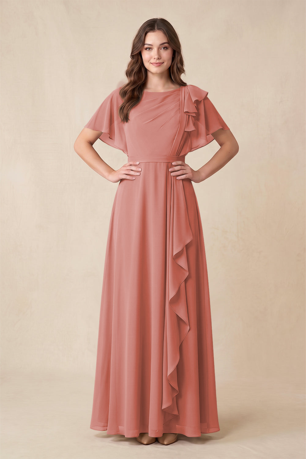 Short Sleeves Bateau A-Line Chiffon Bridesmaid Dress in Mulberry