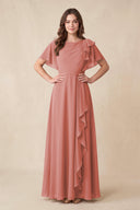 Mulberry Short Sleeves Bateau A-Line Chiffon Bridesmaid Dress | KISSBRIDAL