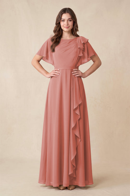 Mulberry Short Sleeves Bateau A-Line Chiffon Bridesmaid Dress | KISSBRIDAL