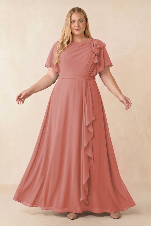 Mulberry Short Sleeves Bateau A-Line Chiffon Bridesmaid Dress [sizeplus] | KISSBRIDAL