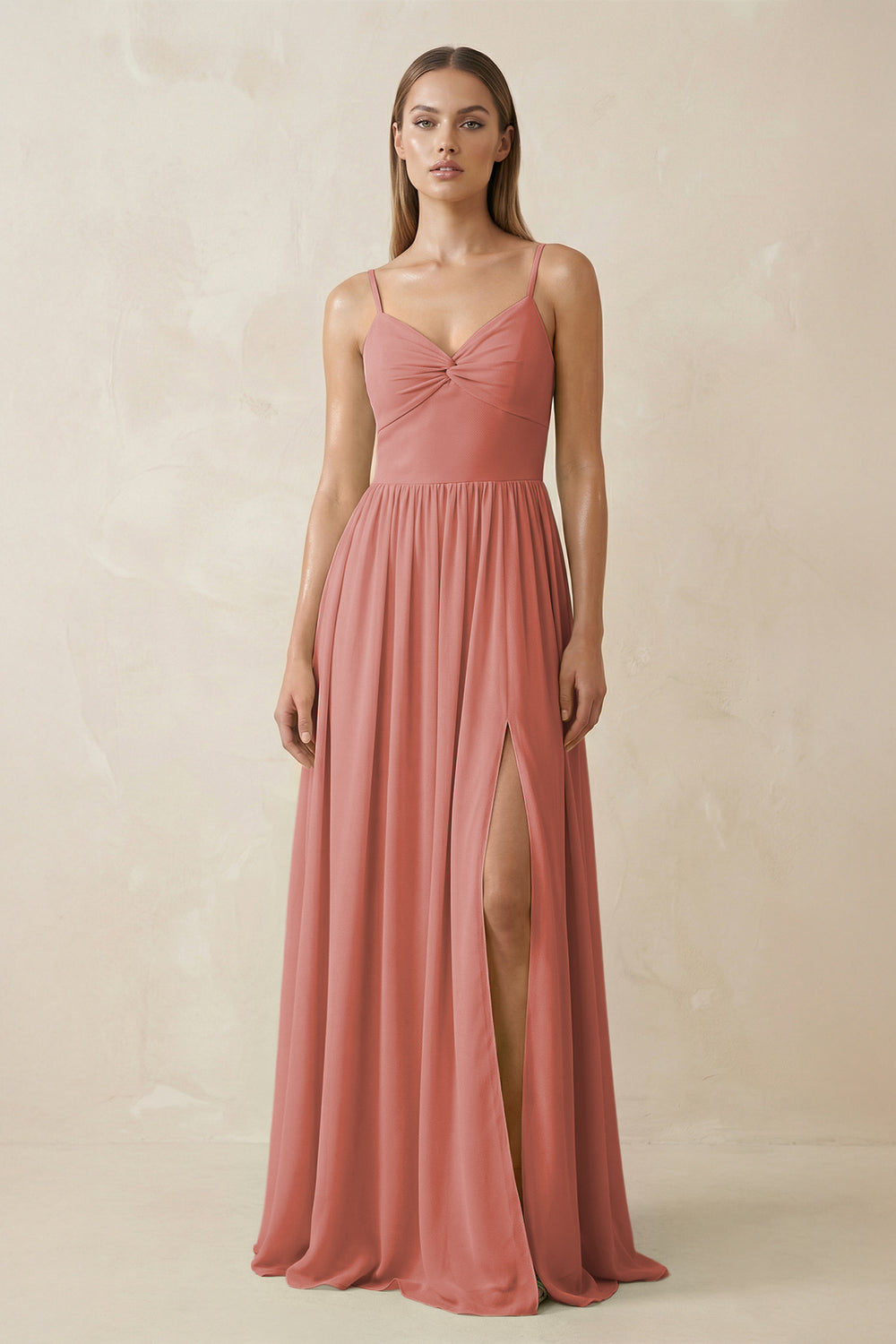 Spaghetti Strap Pleated A-Line Chiffon Bridesmaid Dress in Mulberry