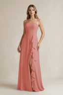 Mulberry Spaghetti Strap Ruffled A-Line Chiffon Bridesmaid Dress | KISSBRIDAL
