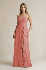 Mulberry Spaghetti Strap Ruffled A-Line Chiffon Bridesmaid Dress | KISSBRIDAL