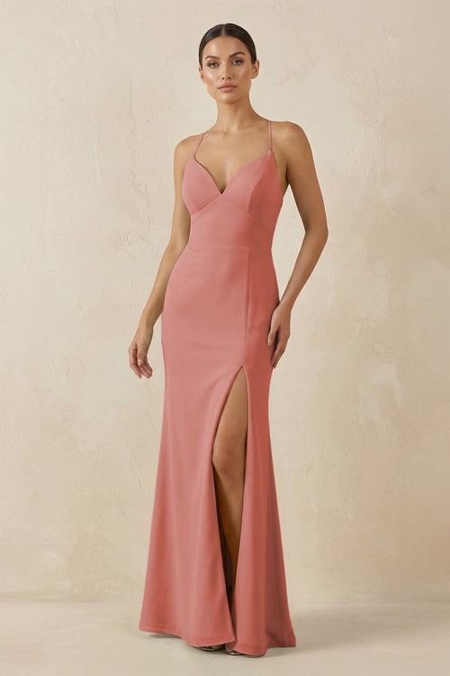 Mulberry Spaghetti Strap Sheath Chiffon Bridesmaid Dress With Slit | KISSBRIDAL