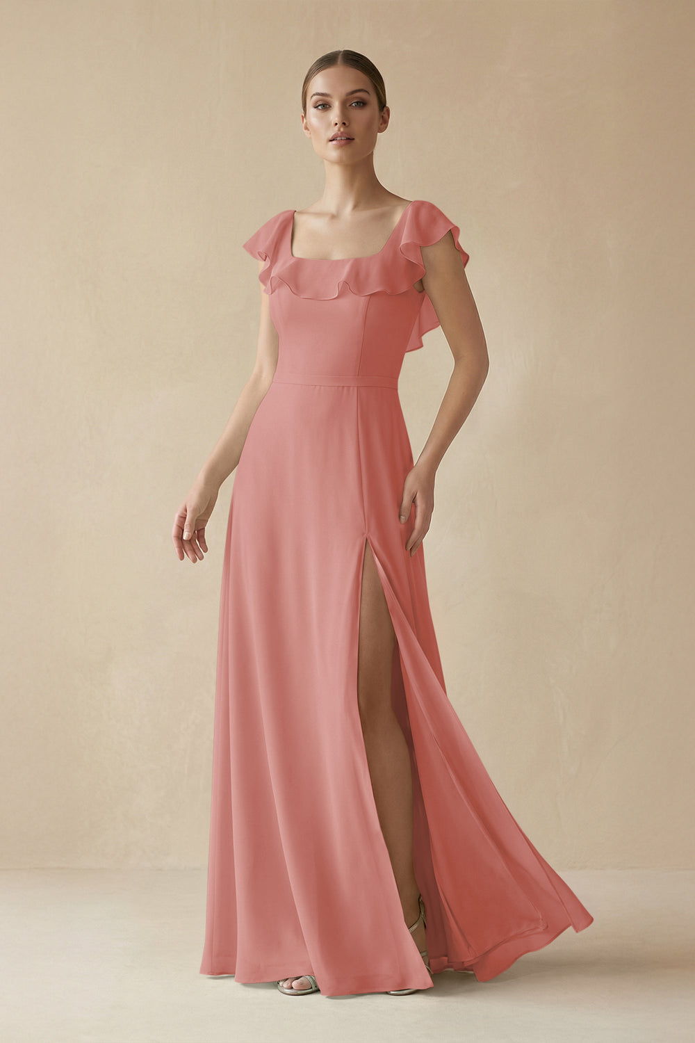 Square Neck A-Line Bridesmaid Dress with Ruffles in Mulberry